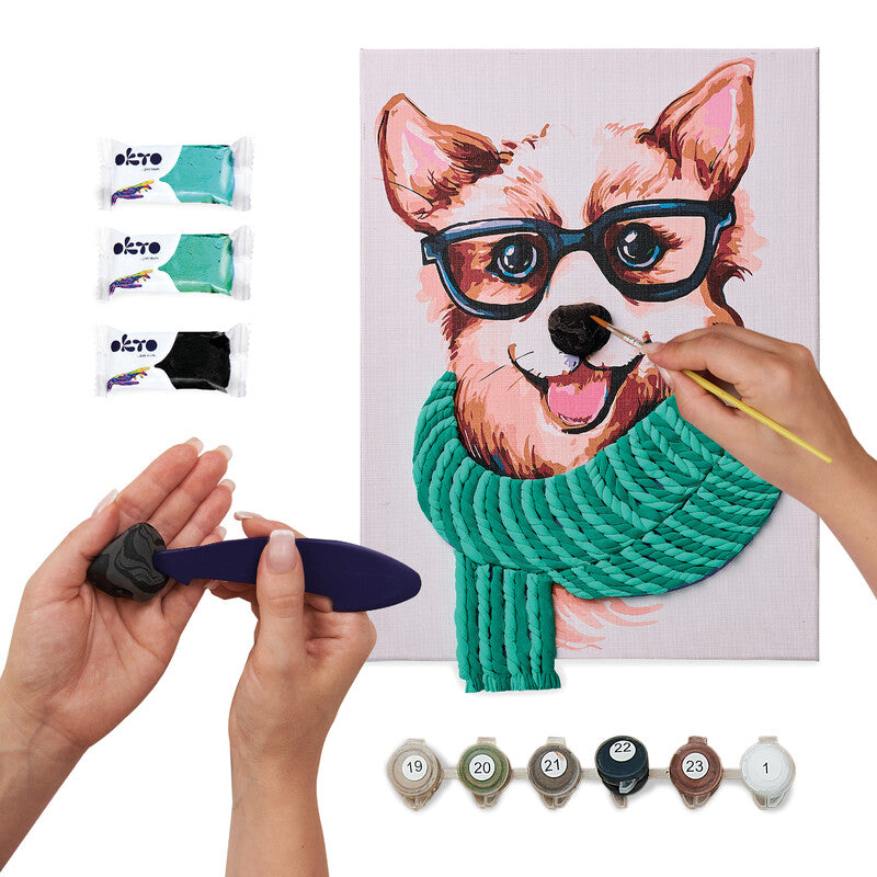 Okto Sensory Art – Modellier- und Malset Air Clay 3D Stylischer Corgi – ab 14 Jahren – 2 Pinsel – 400 × 300 mm
