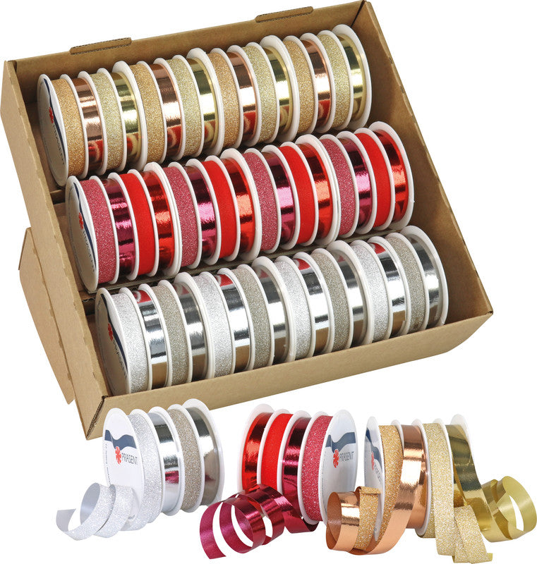 Präsent Geschenkband – Glitter, Weihnachten – 10 mm × 20 m – 3 Farben (Gold, Rot, Silber)