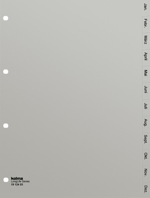 Kolma LongLife Register – A4, 12-teilig, PVC, grau, vorgedruckt, 4-fach Lochung, für A4 hoch
