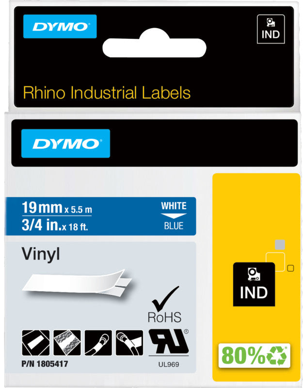 DYMO Schriftband – 19 mm × 5,5 m, blau, weiss – für DYMO Rhino: 3000, 4200, 5000, und andere
