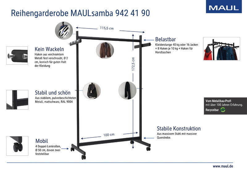 MAUL Garderobenständer Samba – Metall, Schwarz, 172,5 cm, 10 Haken, mit Rollen