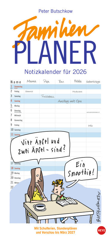 Heye Familienplaner Butschkow – für Familien – 5 Spalten – Deutsch – 2026 – Spiralbindung, Aufhänger – 21 × 45