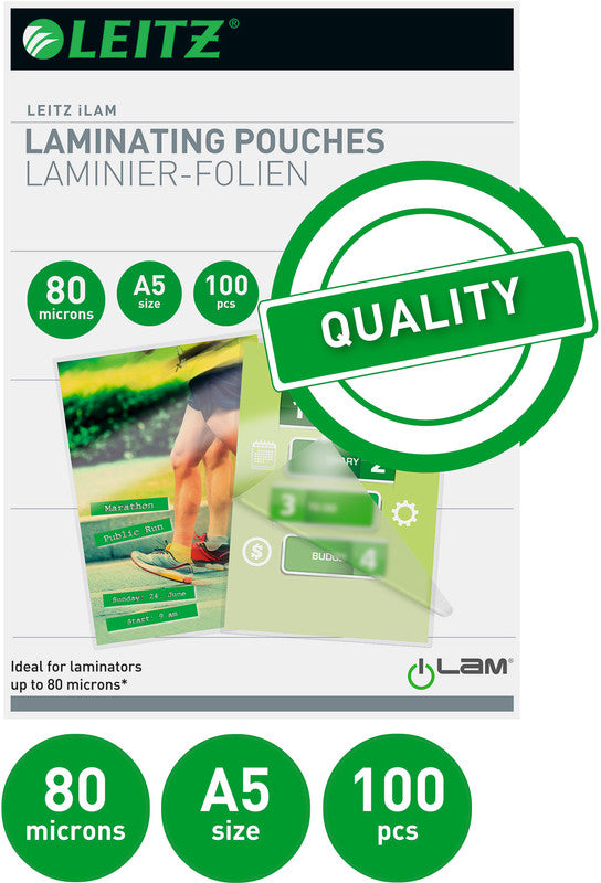 Leitz Laminierfolien A5, glänzend – 80 µm, 153 × 216 mm, 100 Stk.