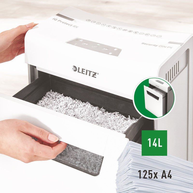 Leitz IQ 8X Protect Premium – Aktenvernichter, DIN P-4, Partikelschnitt 4 × 28 mm, 8 Blatt, 14 l, A4