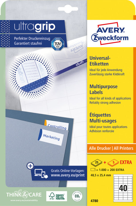 Avery Universal Ultragrip Bogenetiketten, 49 mm × 25 mm, Weiss, Papier, Permanent, 30 Blätter (1'200 Etiketten)