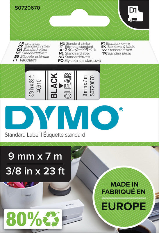 DYMO Schriftband – 9 mm × 7 m, transparent, schwarz, D1 – für LabelPoint 200, 250, 300 und weitere