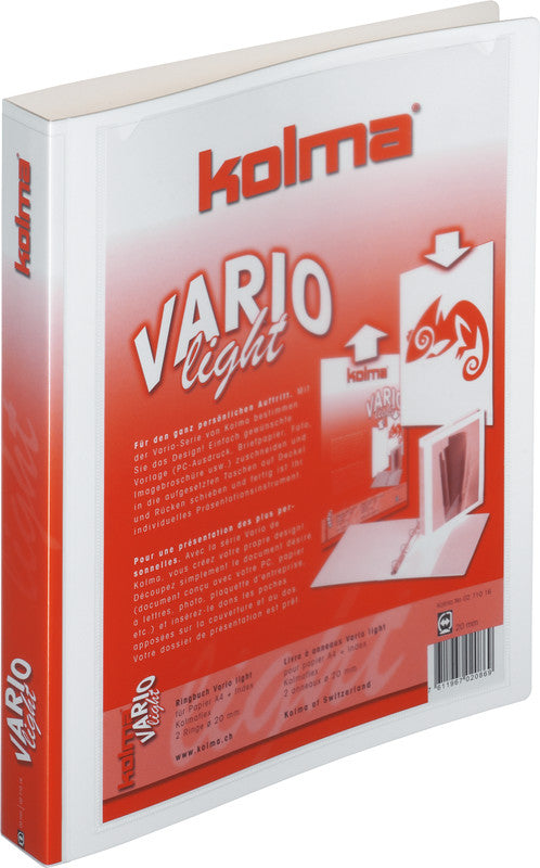 Kolma Zeigebuch – A4 Hochformat – 2-Ring Bügelmechanik, Ø 20 mm, Rücken 27 mm – Weiss, Kunststoff, mit Niederhalter