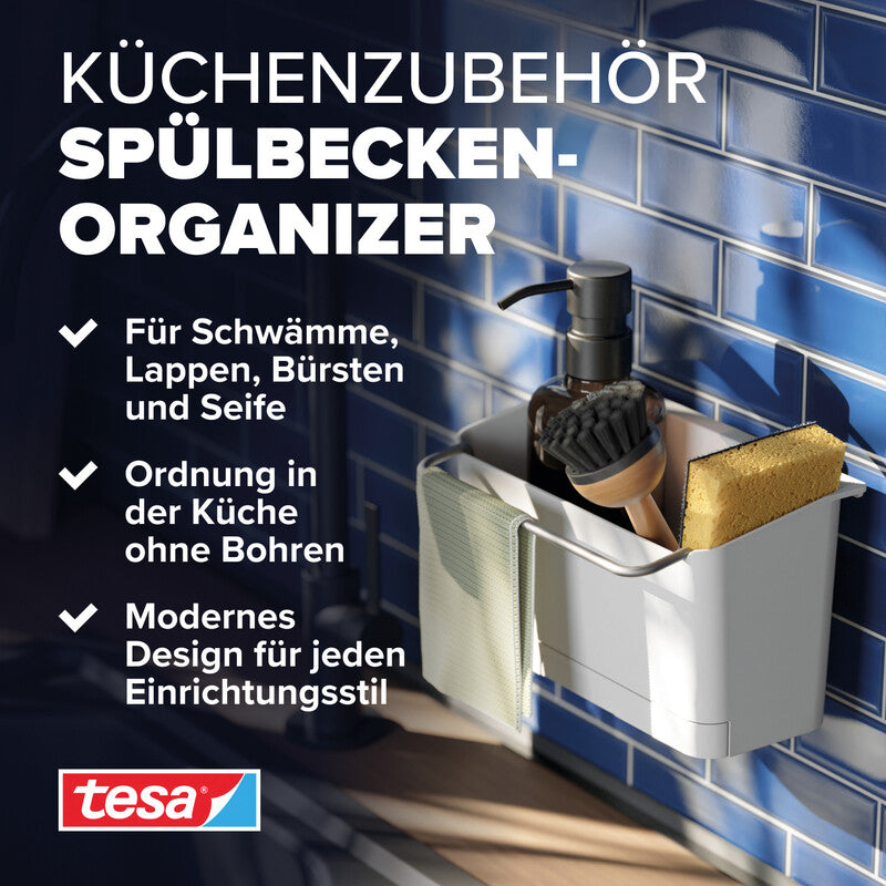TESA Spülbecken-Organizer – mit TESA Power.Kit-Befestigung, wieder ablösbar, belastbar bis 5 kg – ABS – Weiss