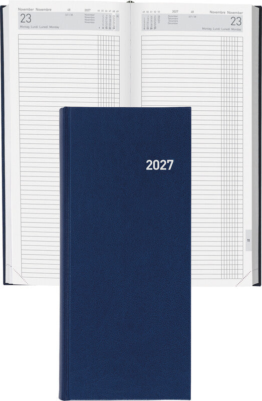 Biella Tower Agenda – 1 Tag/2 Seiten, gebunden, 13,5 × 31,5 cm, Jan–Dez 2027, dunkelblau, FSC