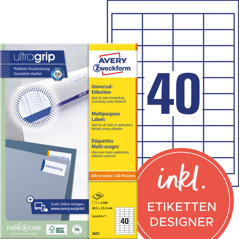 Avery Etiketten, 210 mm × 297 mm, weiss, Papier, permanent, 100 Blatt