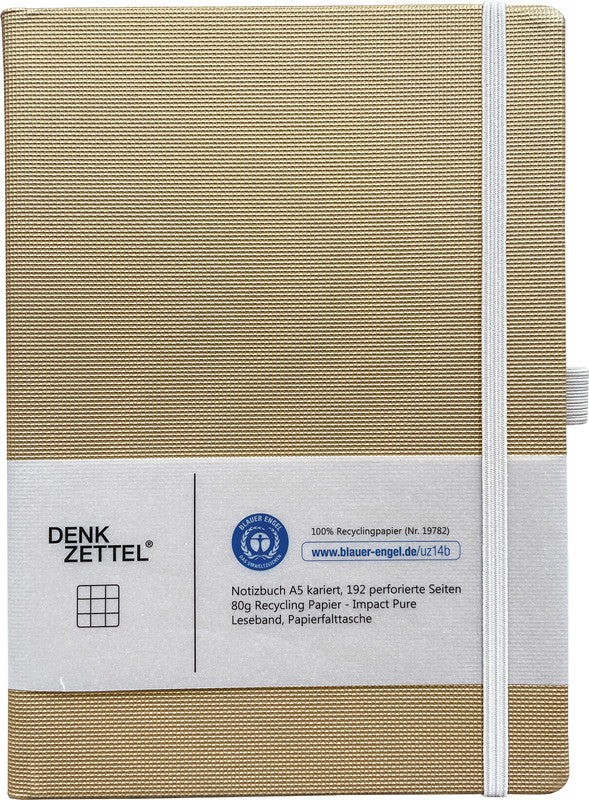 Denkzettel Notizbuch, A5, kariert, gebunden, Hardcover, 192 Seiten, perforiert, 80 g/m² – gold