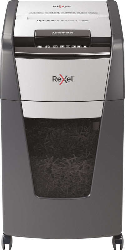 Rexel Optimum AutoFeed+ 225M – Aktenvernichter mit Autofeed 225 Blatt, DIN P-5, Mikroschnitt 2 × 15 mm, 60 l