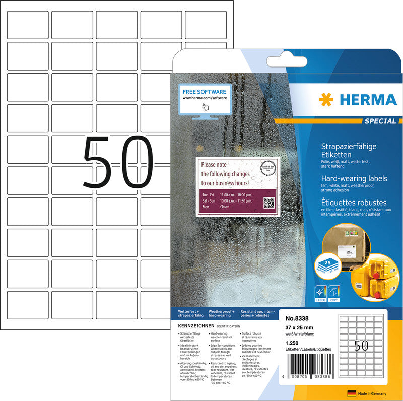 HERMA Blattetiketten (A4), 37 mm × 25 mm, weiss, Folie, extra stark, 25 Blatt (1250 Etiketten)