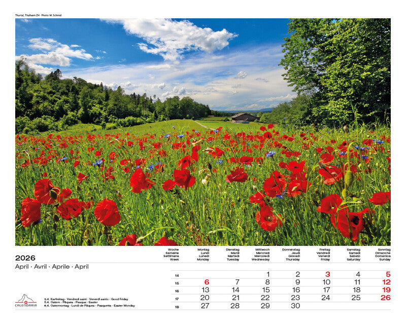 Calendaria Bildkalender Schweiz 2026 – 40 × 31 cm – mit Aufhänger
