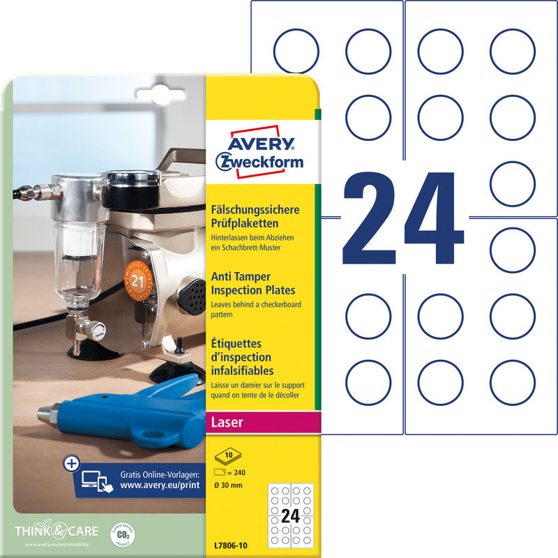 Avery Zweckform – Prüfplaketten, Ø 30 mm, weiss, Kunststoff, permanent, 240 Etiketten (10 Blatt)