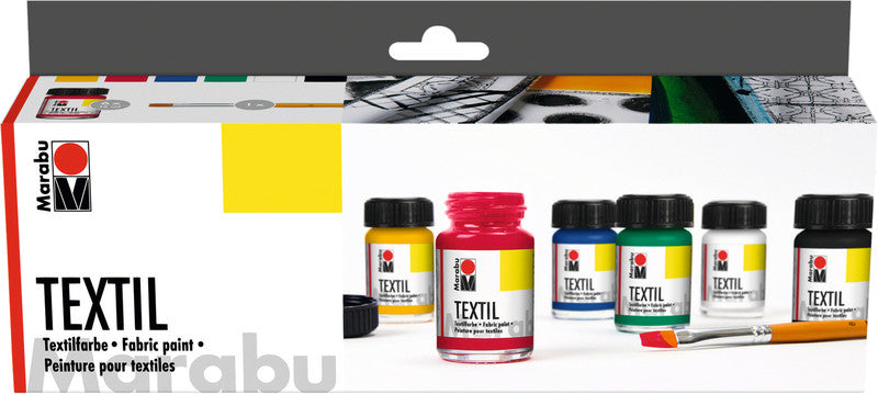 Marabu Stoffmalfarbe – Set – 6 Farben, 6 × 15 ml, inkl. Pinsel, für Textilien