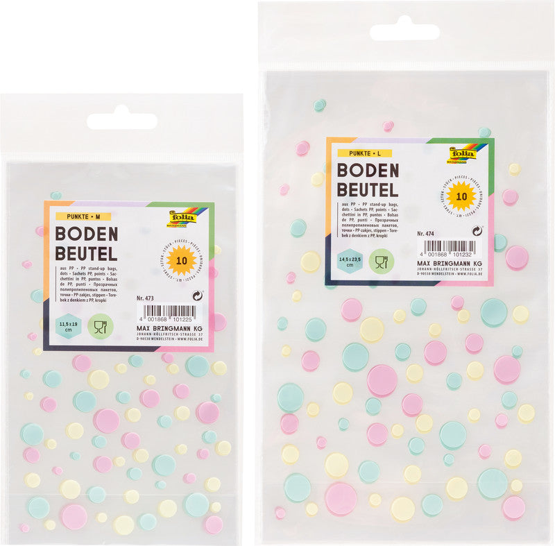 Folia Geschenktüten – Punkte – mit Kreuzboden, Kunststoff – 145 × 235 mm – 10 Stk.