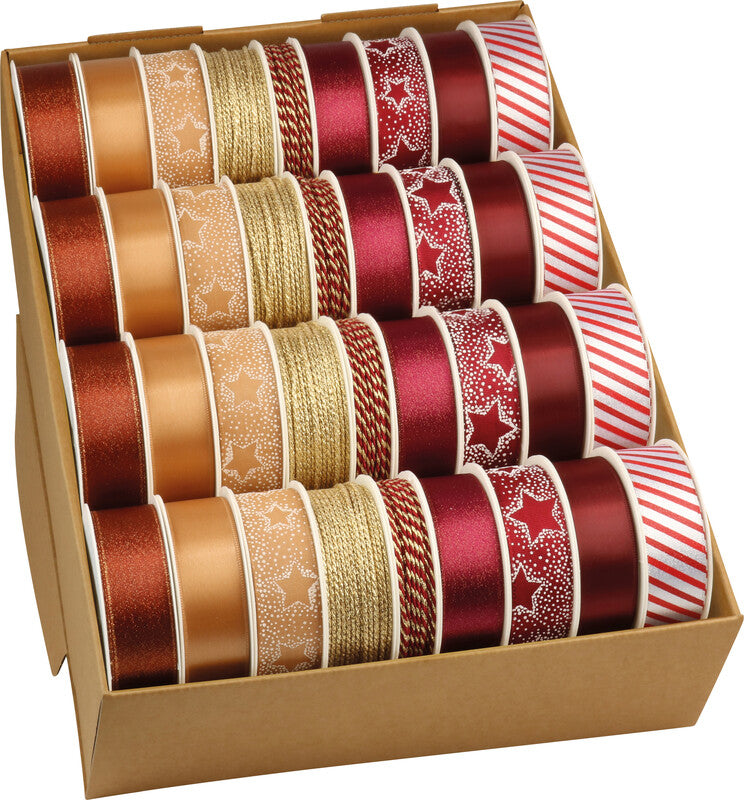 Präsent Geschenkband Christmas News – Weihnachten – Seide, 28 Rollen 25 mm × 3 m, 8 Kordeln 2 mm × 4 m – mehrfarbig