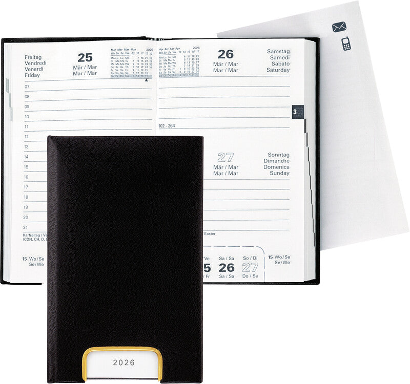 Biella Geschäftsagenda – 1 Tag pro Seite, gebunden, 10,1 × 16,0 cm, 2026, 1-Stunden-Takt, schwarz, FSC