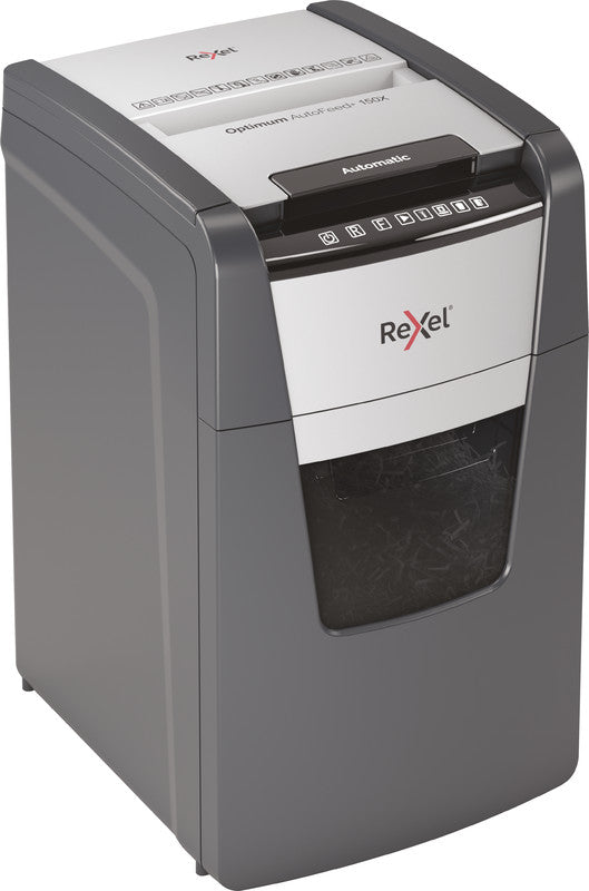 Rexel Optimum AutoFeed+ 150X – Aktenvernichter mit Autofeed 150 Blatt, DIN P-4, Partikelschnitt 4 × 28 mm, 44