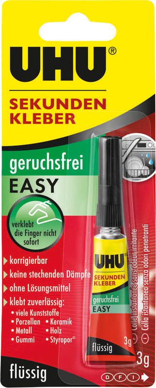 UHU Easy Sekundenkleber – permanent, transparent, lösemittelfrei, schnelltrocknend, 3 g, für glatte Materialien