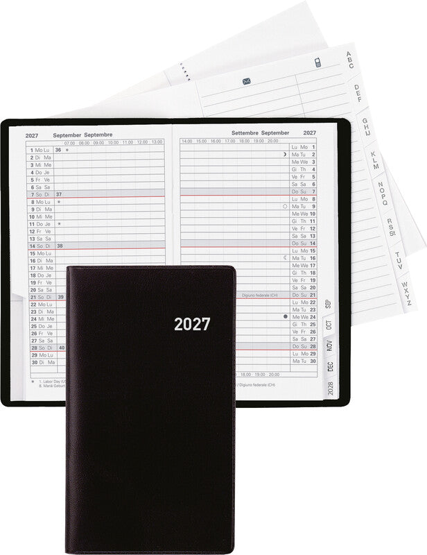 Biella Planer Paris Agenda – 1 Monat/2 Seiten, geheftet, 7,5 × 12,6 cm, 15 Monate Okt–Dez, schwarz, PEFC