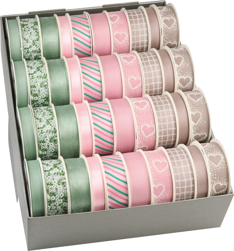 Präsent Geschenkband Everyday Trends – Herz – 12 Rollen 15 mm × 3 m, 28 Rollen 25 mm × 4 m