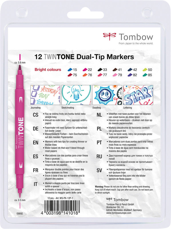Tombow Filzstifte TwinTone, Strichbreite 0,3–0,8 mm, 12 Farben