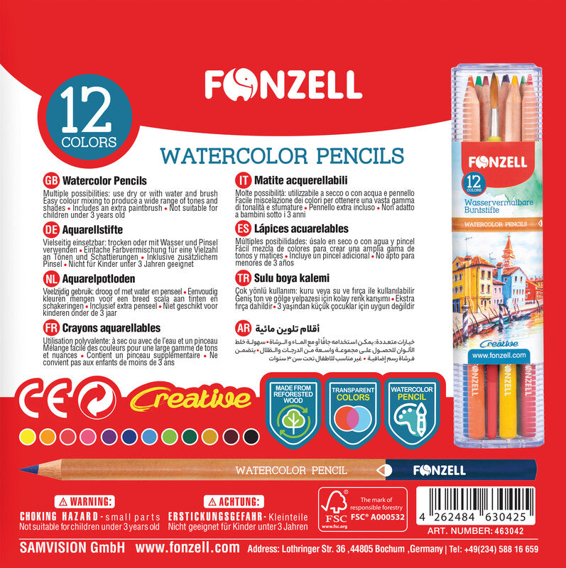 Fonzell Creative Aquarellfarbstifte-Set – 12 Farben, rund, Mine Ø 3,3 mm, mit Pinsel, Dreiecksetui