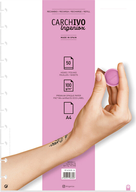 Carchivo Notizbuch-Einlagen A4, blanko, spezielle Perforierung, 100 g/m², für Spiralbuch Ingeniox – 50 Blatt