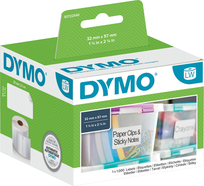 DYMO Etiketten, 57 mm × 32 mm, weiss, wiederablösbar, für LabelWriter und andere, 1 x 1000 Stück