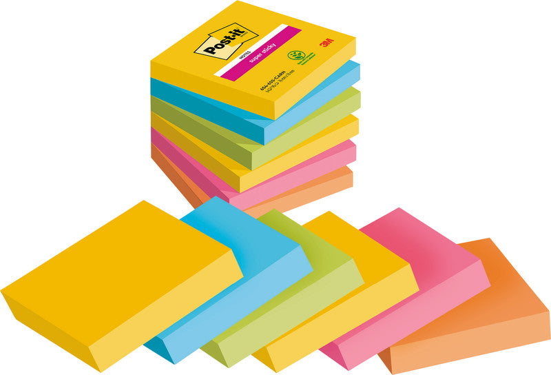 Post-it Super Sticky Haftnotizen – 76×76 mm – sortiert, 6×90 Blatt, PEFC