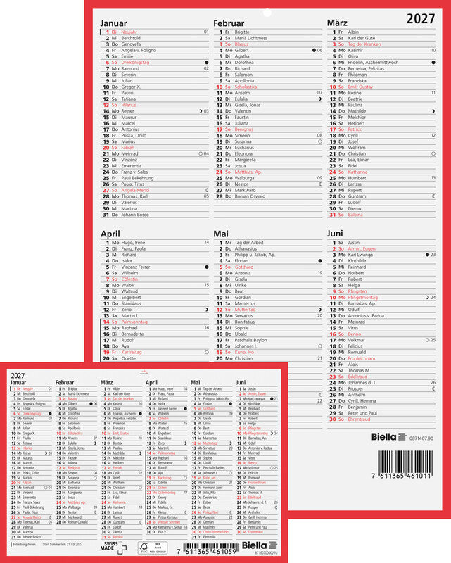 Biella Tafelkalender – 1 Jahr/2 Seiten – Deutsch – 2026 – Notizfeld, Lochung – 21 × 29,7 cm