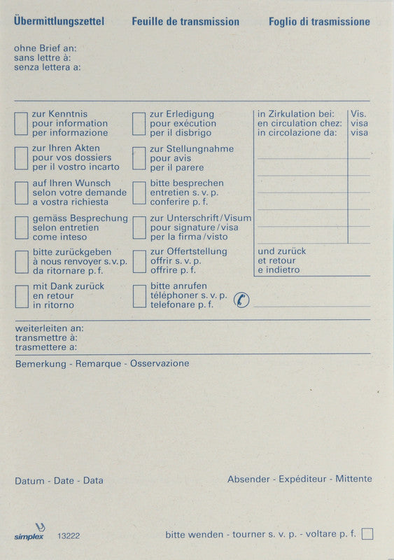 Simplex Formularblock – mehrsprachig, 70 Blätter, A6