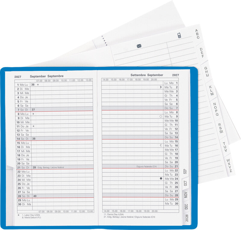 Biella Planer Paris Agenda – 1 Monat/2 Seiten, geheftet, 7,5 × 12,6 cm, 15 Monate Okt–Dez, blau, PEFC