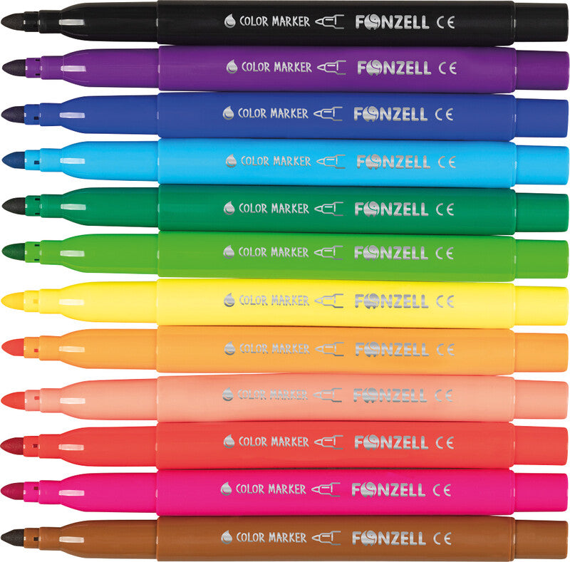 Fonzell Filzstifte, Strichbreite 4,4 mm, auswaschbar, 12 Farben