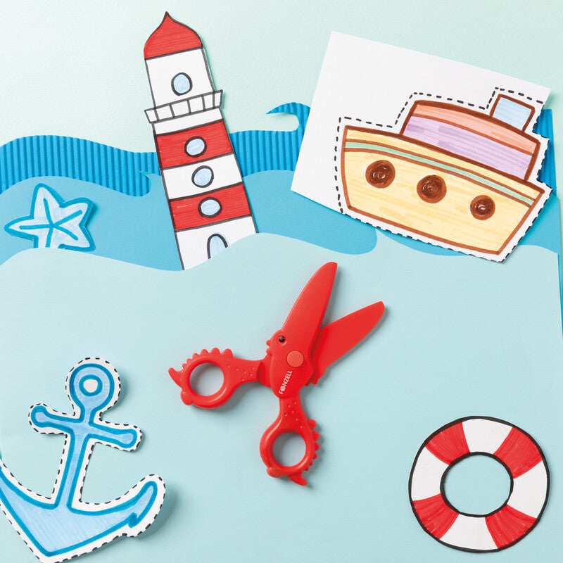 Fonzell Kinderschere – 11,5 cm, Kunststoff, für Rechts- und Linkshänder, abgerundet, Rot