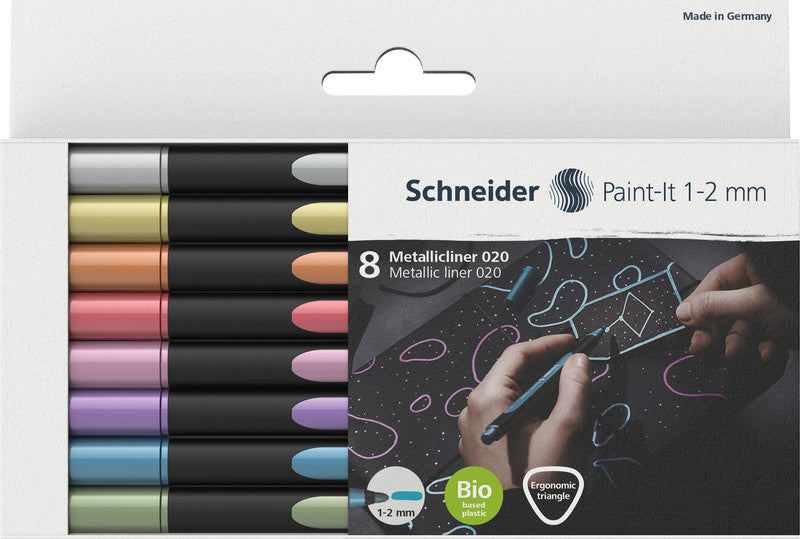Schneider Schreibgeräte Schneider Paint Marker Paint-It 020 – Rundspitze 1-2 mm – Sortiert – 8er-Set – Für dunkle Oberflächen geeignet