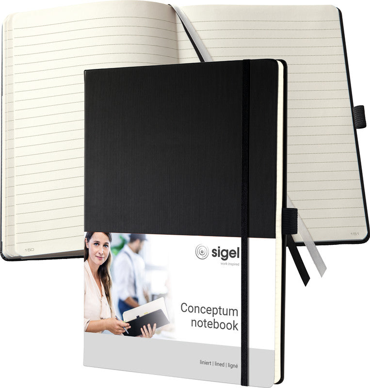 Sigel Notizbuch, 225 × 315 mm, liniert, Fadenheftung, 194 Seiten, 80 g/m² – schwarz