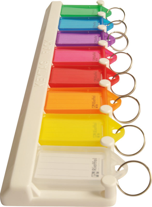 Rieffel Schlüsselschild – assortiert, Beschriftungsfeld 38 × 22 mm, 8 Stk., Kunststoff, B 265 × H 60 × T 15 mm