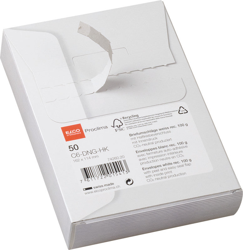 Elco Couvert C6 (162 × 114 mm), Haftklebend (Optifix), Weiss, 100 g/m², Papier, Gerade Klappe – 50 Stk.