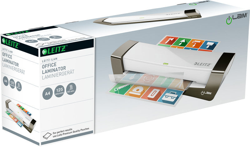 Leitz iLAM Office 1 Laminiergerät A4 – 2-Rollen, 80–125 µm, 1 Min. Aufheizzeit, 400 mm/min, Silber