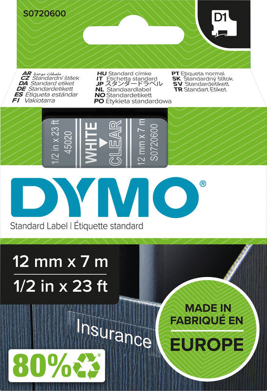 DYMO Textilband – 12 mm × 7 m, transparent, weiss – für LabelPoint 200, 250, 300 und andere