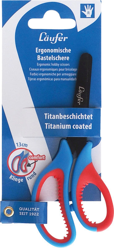 Laufer Kinderschere – titanbeschichtet, für Rechtshänder, abgerundete Spitzen, Kunststoffgriffe, blau/rot