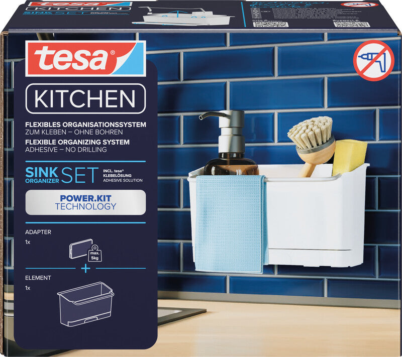 TESA Spülbecken-Organizer – mit TESA Power.Kit-Befestigung, wieder ablösbar, belastbar bis 5 kg – ABS – Weiss