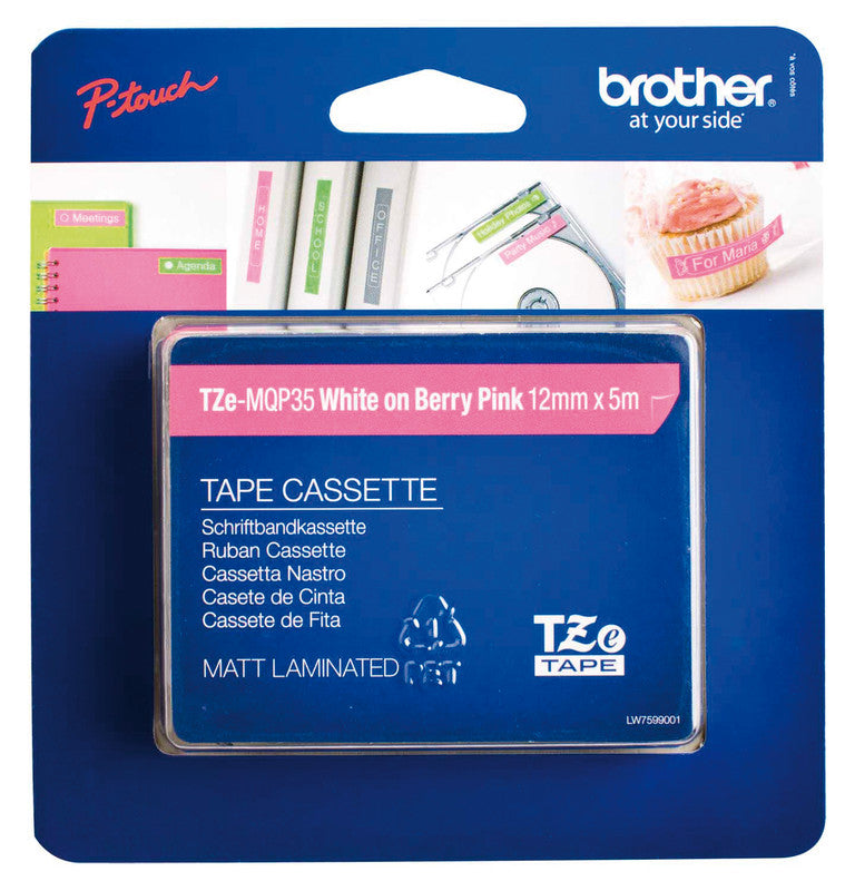 Brother Schriftband – 12 mm × 5 m, pink, weiss, TZe
