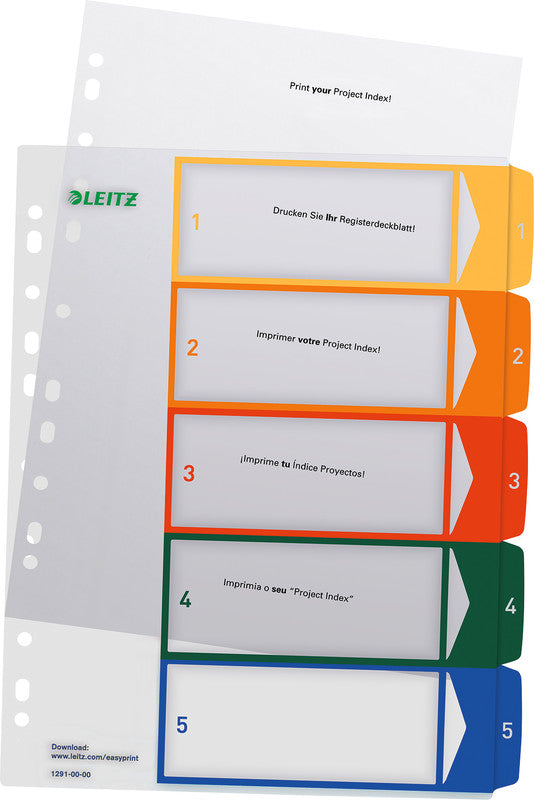 Leitz Register – A4, 5-teilig, PP, farbig, vorgedruckt, 11-fach gelocht, für Zeigebuchtaschen