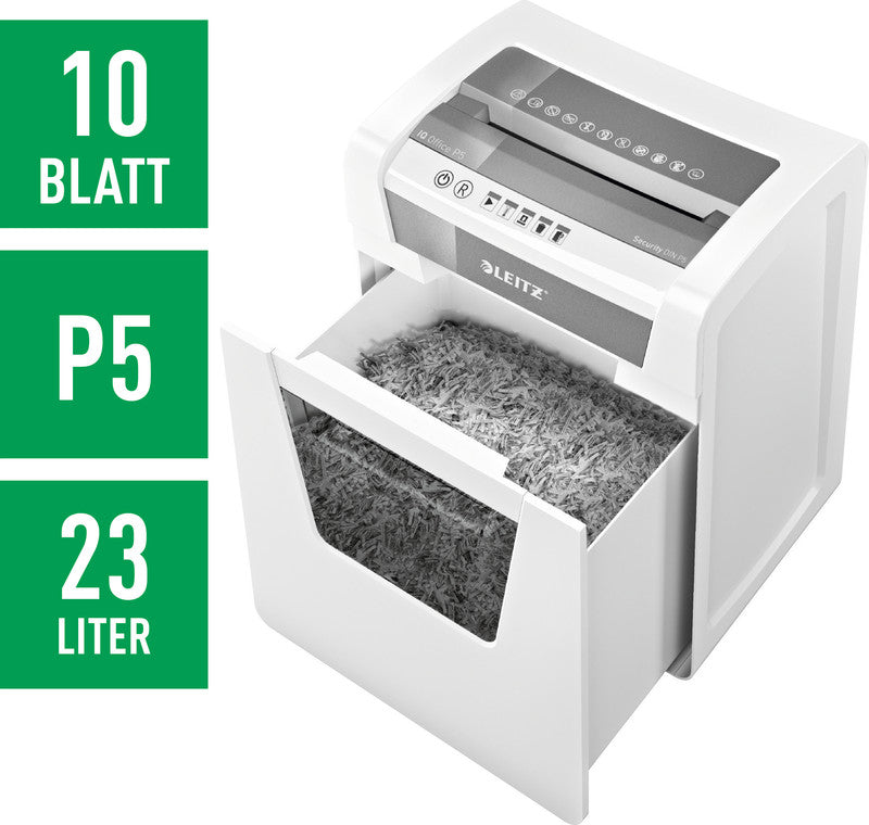 Leitz IQ Office – Aktenvernichter, DIN P-5, Mikroschnitt 2 × 15 mm, 10 Blatt, 23 l, A4