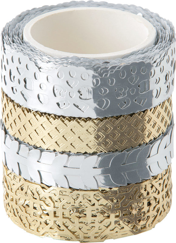 Folia Washi Tape Spitzenbordüre – wiederablösbar, Hotfoil, Papier, Silber/Gold, 2×10 mm × 5 m + 2×15 mm × 5 m
