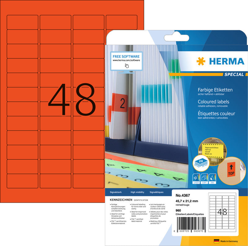 HERMA Etiketten, 46 mm × 21 mm, rot, Papier, wiederablösbar, 960 Etiketten